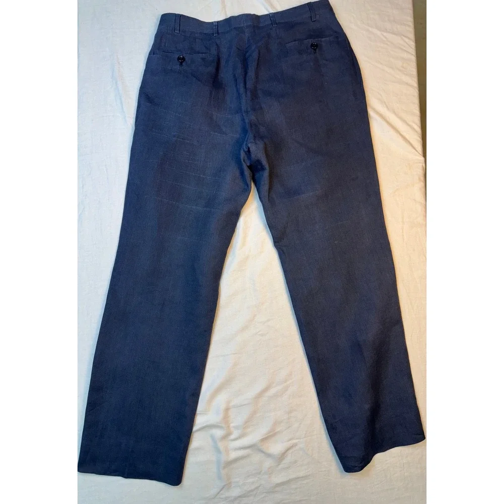 Armani Collezioni Mens Navy Blue Linen Blend Flat Front Straight Leg Pants 35x29